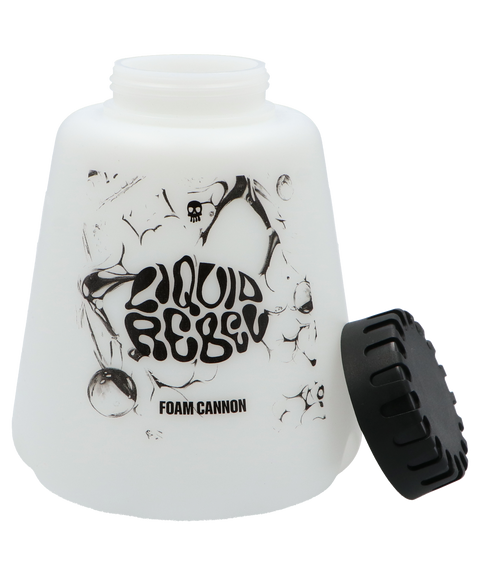 Close-up van de Liquid Rebel Foam Cannon Replacement Bottle, een doorschijnende 1.2L fles met brede hals en lekvrije schroefdop, compatibel met MJJC Pro V2.